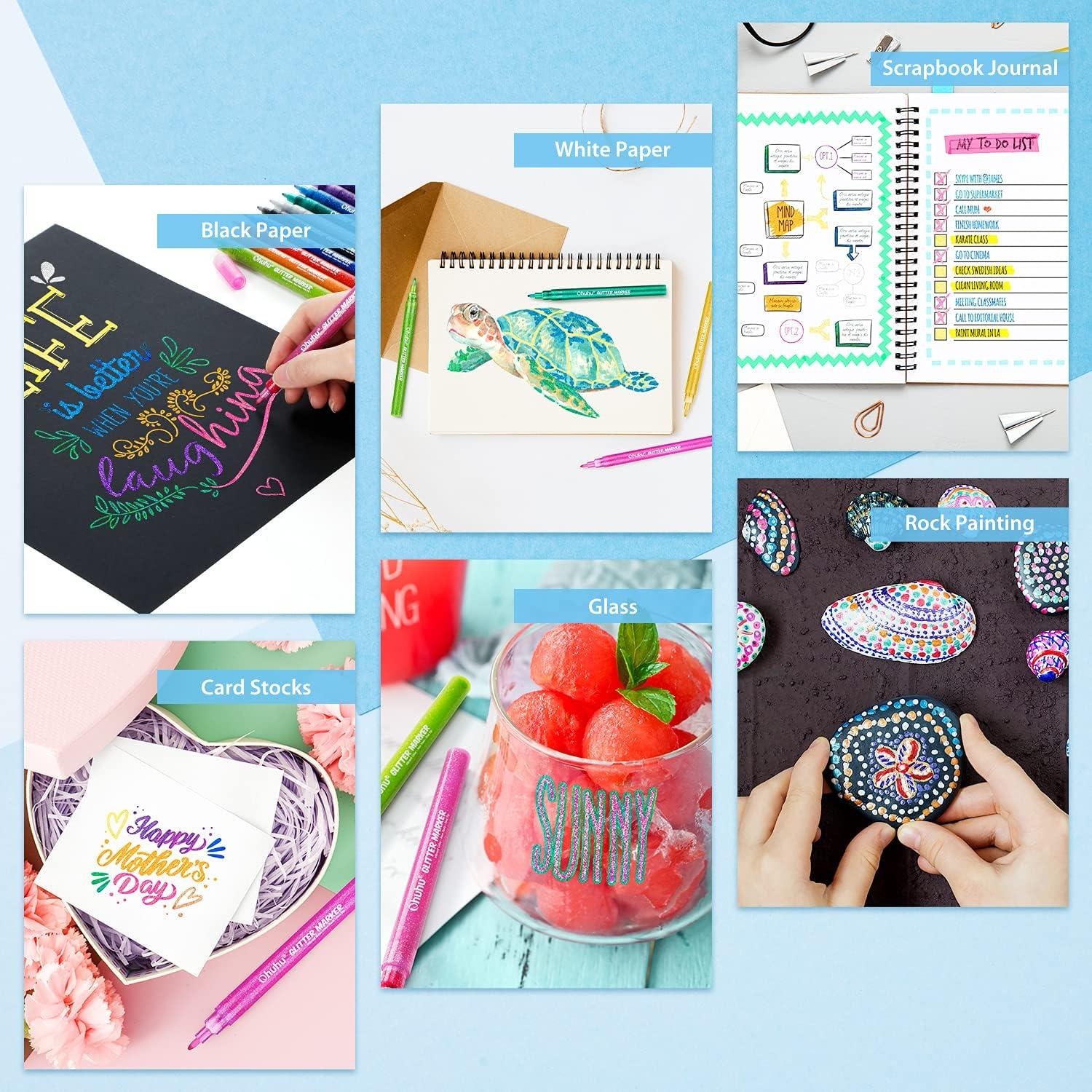 imageOhuhu Glitter Markers Pen 12 Glitter Colors Metallic Shimmer Marker Fine Tip Waterbased Ink for Kids Adults DIY Crafts Greeting Birthday Cards Making Mugs Wood