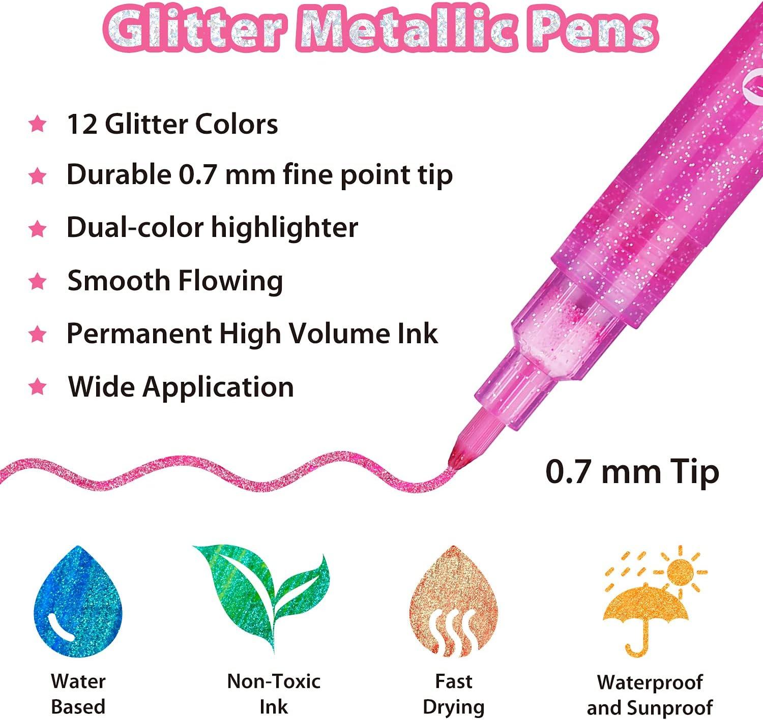 imageOhuhu Glitter Markers Pen 12 Glitter Colors Metallic Shimmer Marker Fine Tip Waterbased Ink for Kids Adults DIY Crafts Greeting Birthday Cards Making Mugs Wood