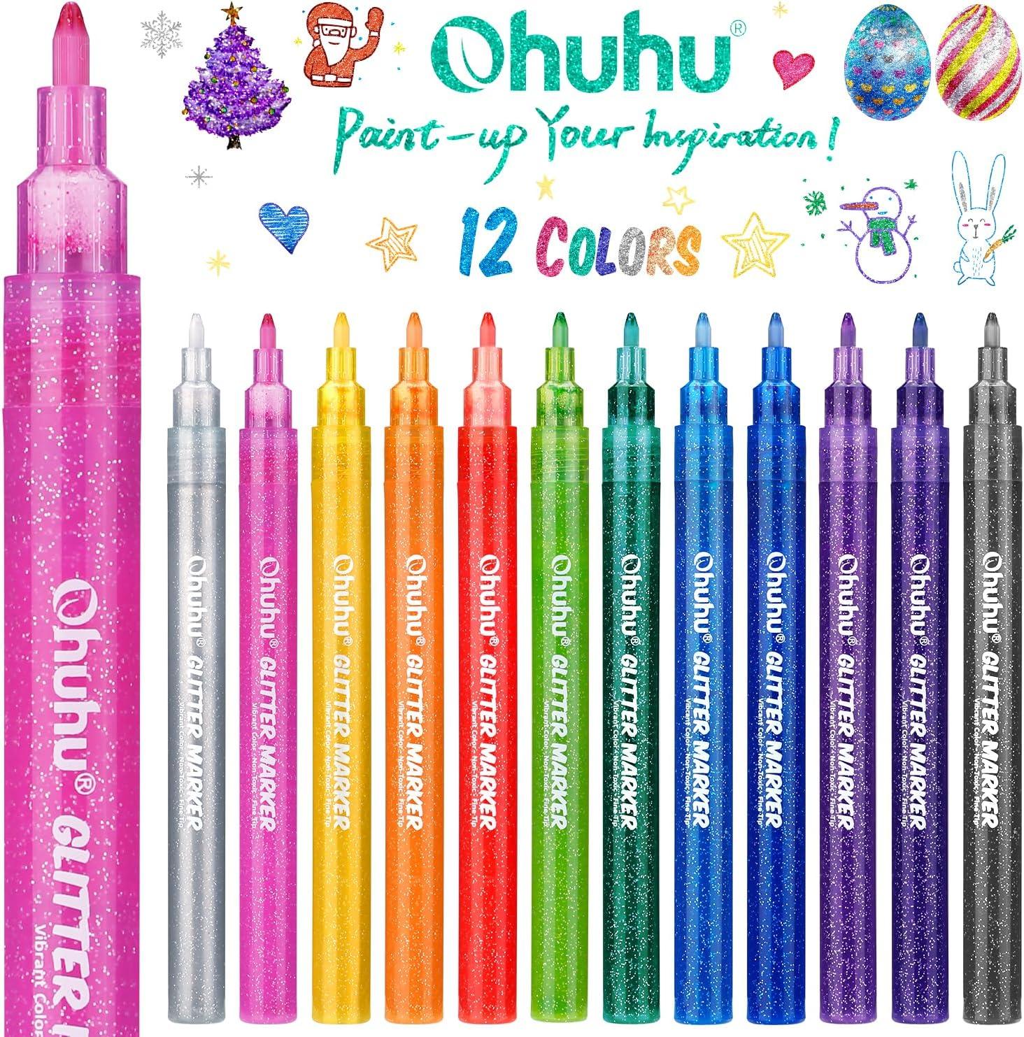 imageOhuhu Glitter Markers Pen 12 Glitter Colors Metallic Shimmer Marker Fine Tip Waterbased Ink for Kids Adults DIY Crafts Greeting Birthday Cards Making Mugs Wood