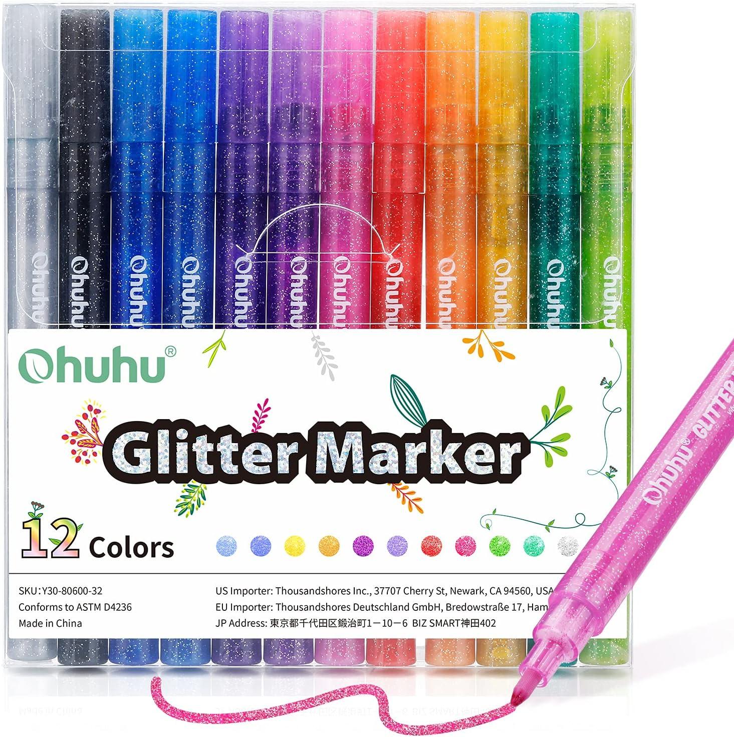 imageOhuhu Glitter Markers Pen 12 Glitter Colors Metallic Shimmer Marker Fine Tip Waterbased Ink for Kids Adults DIY Crafts Greeting Birthday Cards Making Mugs Wood