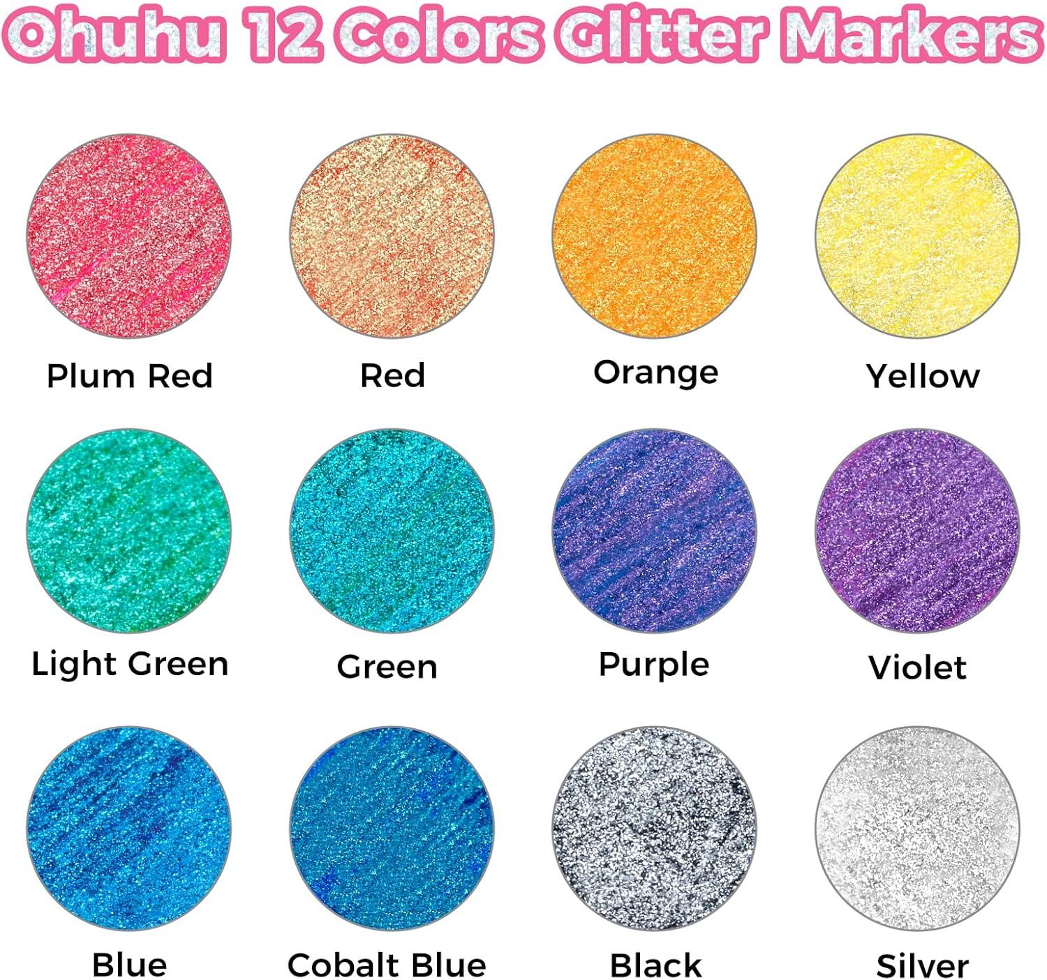 imageOhuhu Glitter Markers Pen 12 Glitter Colors Metallic Shimmer Marker Fine Tip Waterbased Ink for Kids Adults DIY Crafts Greeting Birthday Cards Making Mugs Wood