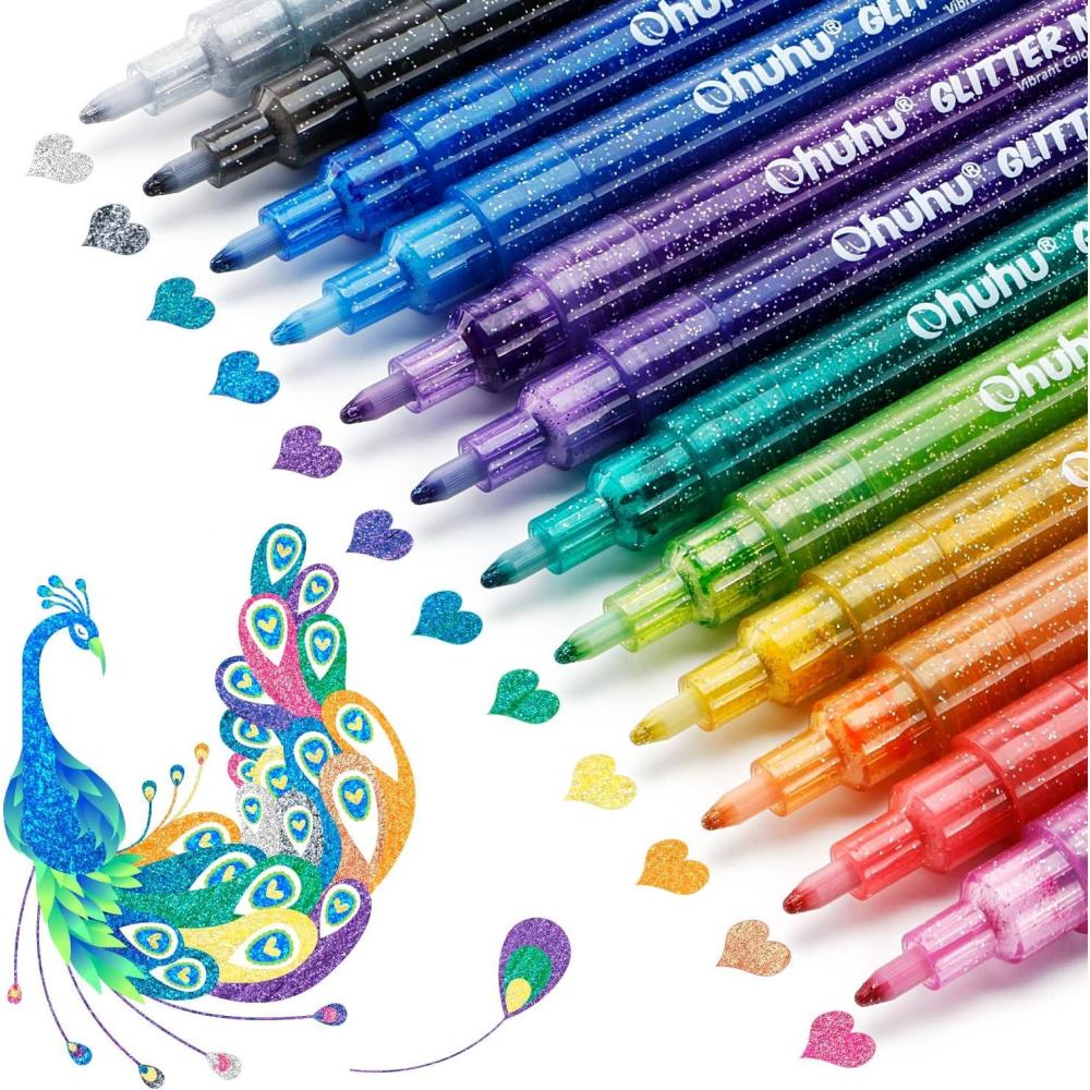 imageOhuhu Glitter Markers Pen 12 Glitter Colors Metallic Shimmer Marker Fine Tip Waterbased Ink for Kids Adults DIY Crafts Greeting Birthday Cards Making Mugs Wood