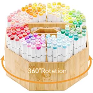 Ohuhu Rotating Marker Organizer for Alcohol Markers, 360-Degree Rotating Bamboo Storage Hold 162 Honolulu& B Alcohol Markers, Pens Pencil Holder with 8 Compartments for Home Classroom Office Decor