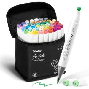 Ohuhu Alcohol Markers Brush and Fine Tip – 48-Color Alcohol-based Art Sketch Marker Set for Artist Adults Coloring Illustration – Brush and Fine Dual Tips- Honolulu B – Refillable – AP Certificated(Chisel & Brush)