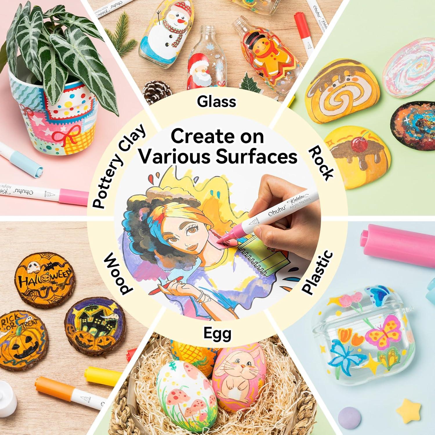 imageOhuhu Acrylic Paint Markers Brush Tip 30 Colors High Opacity Paint Pens Waterproof Acrylic Markers for Rock Painting Easter Eggs Wood Glass Ceramic Canvas KalalauBrush Tip