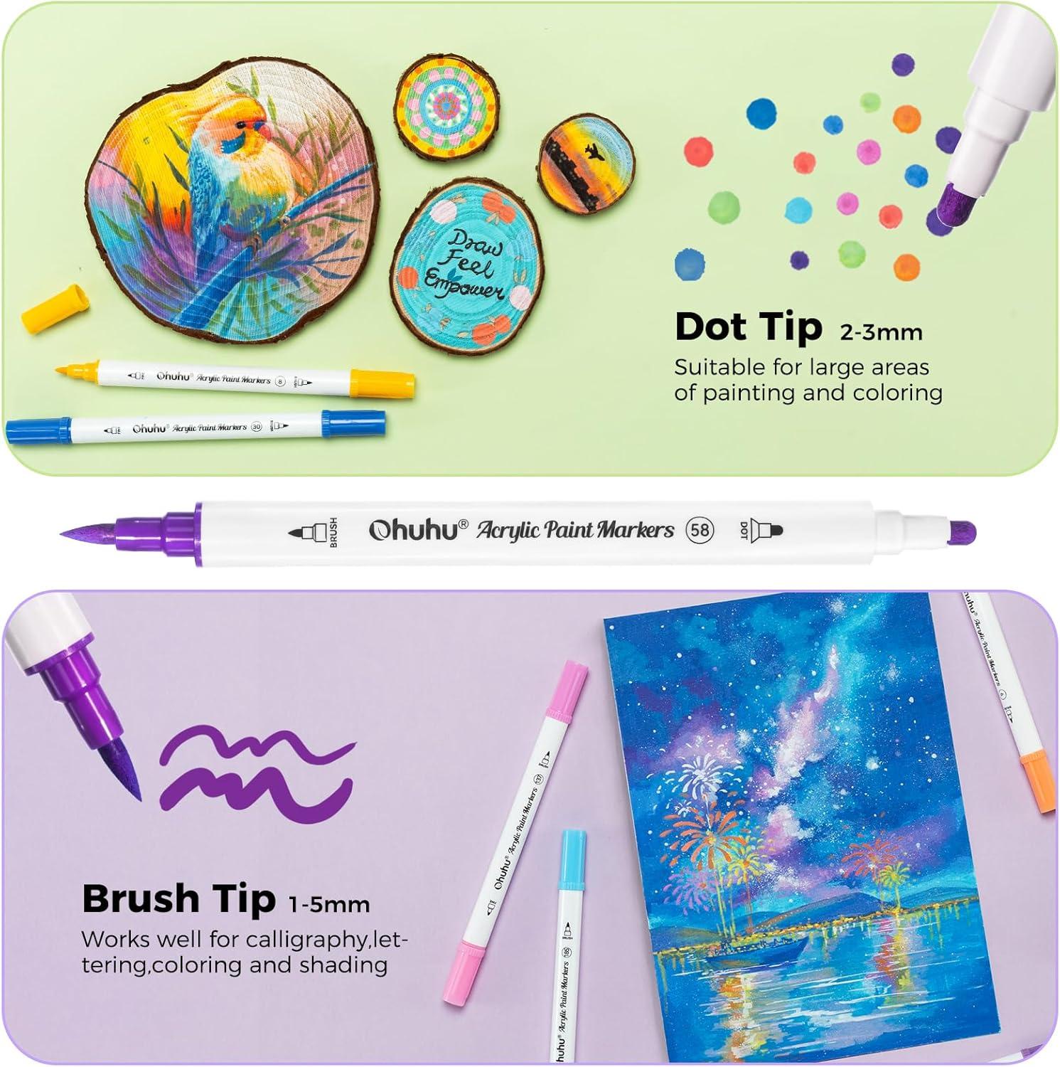 imageOhuhu Acrylic Paint Markers Dual Tips 36 Colors Fine amp Dot Paint Pens High Opacity Acrylic Markers Waterproof Lightfast for Christmas Gifts Rock Painting 3D Prints Egg Wood Glass Ceramic DIY CraftsBrush  Dot