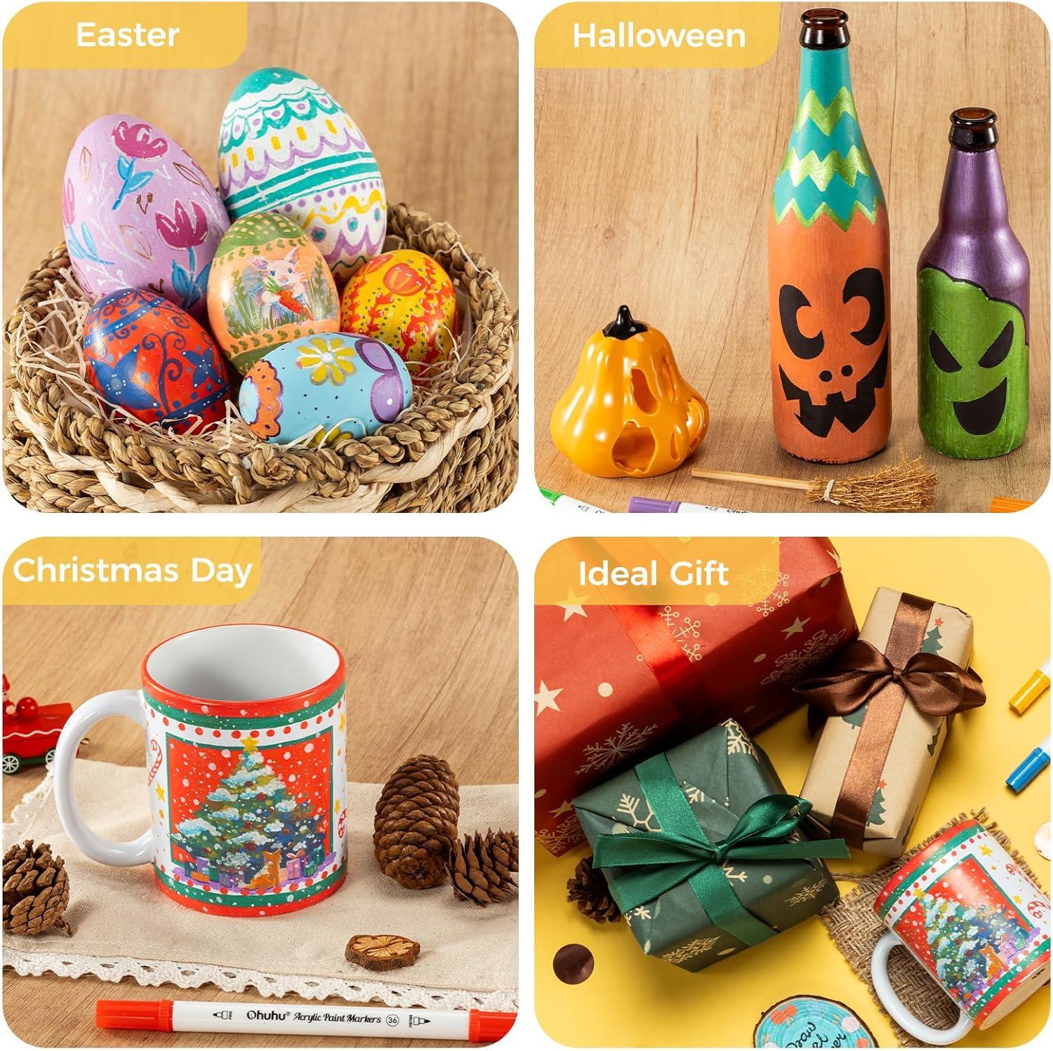 imageOhuhu Acrylic Paint Markers Dual Tips 36 Colors Fine amp Dot Paint Pens High Opacity Acrylic Markers Waterproof Lightfast for Christmas Gifts Rock Painting 3D Prints Egg Wood Glass Ceramic DIY CraftsFine Dot