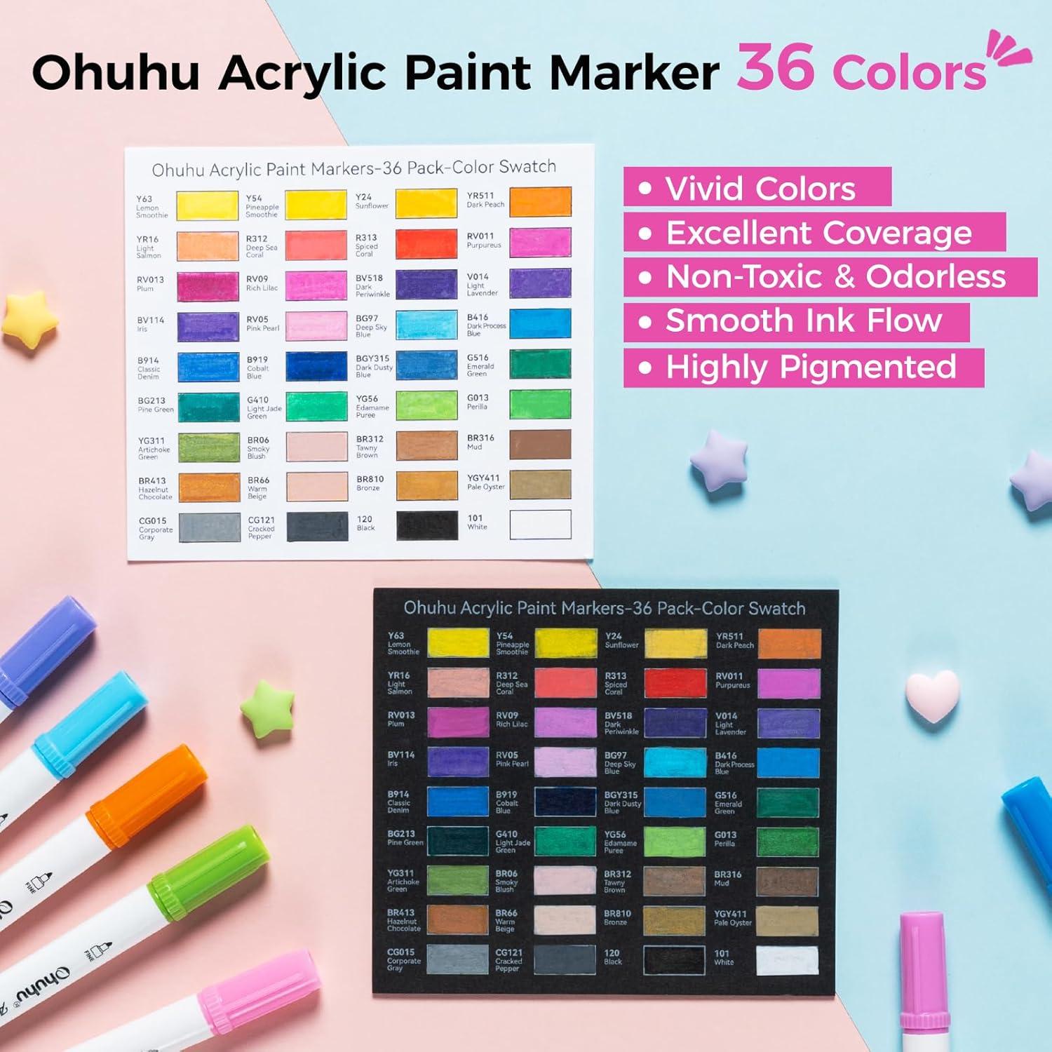 imageOhuhu Acrylic Paint Markers Dual Tips 36 Colors Fine amp Dot Paint Pens High Opacity Acrylic Markers Waterproof Lightfast for Christmas Gifts Rock Painting 3D Prints Egg Wood Glass Ceramic DIY CraftsBrush  Dot