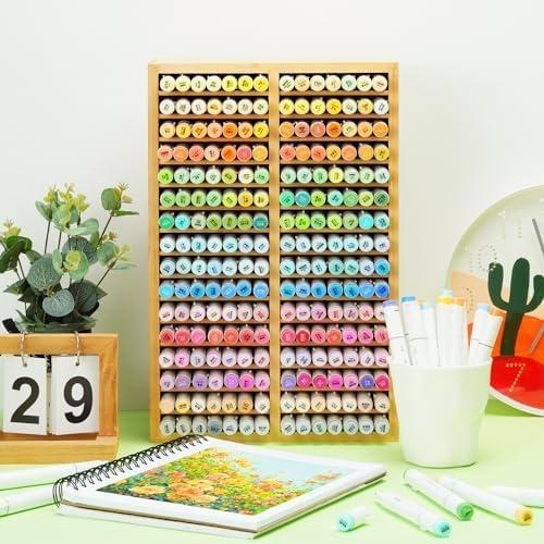 imageOhuhu Bamboo Marker Organizer Wooden Desktop Storage Hold 126 Markers Pens Pencils Art Brushes Stationary Organizer Pencil Holder with 18 Compartments for Home Classroom Office DecorRight Angle Hold 224 Markers