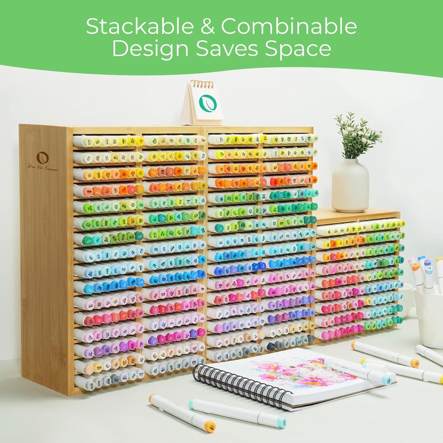 imageOhuhu Bamboo Marker Organizer Wooden Desktop Storage Hold 126 Markers Pens Pencils Art Brushes Stationary Organizer Pencil Holder with 18 Compartments for Home Classroom Office DecorRight Angle Hold 224 Markers