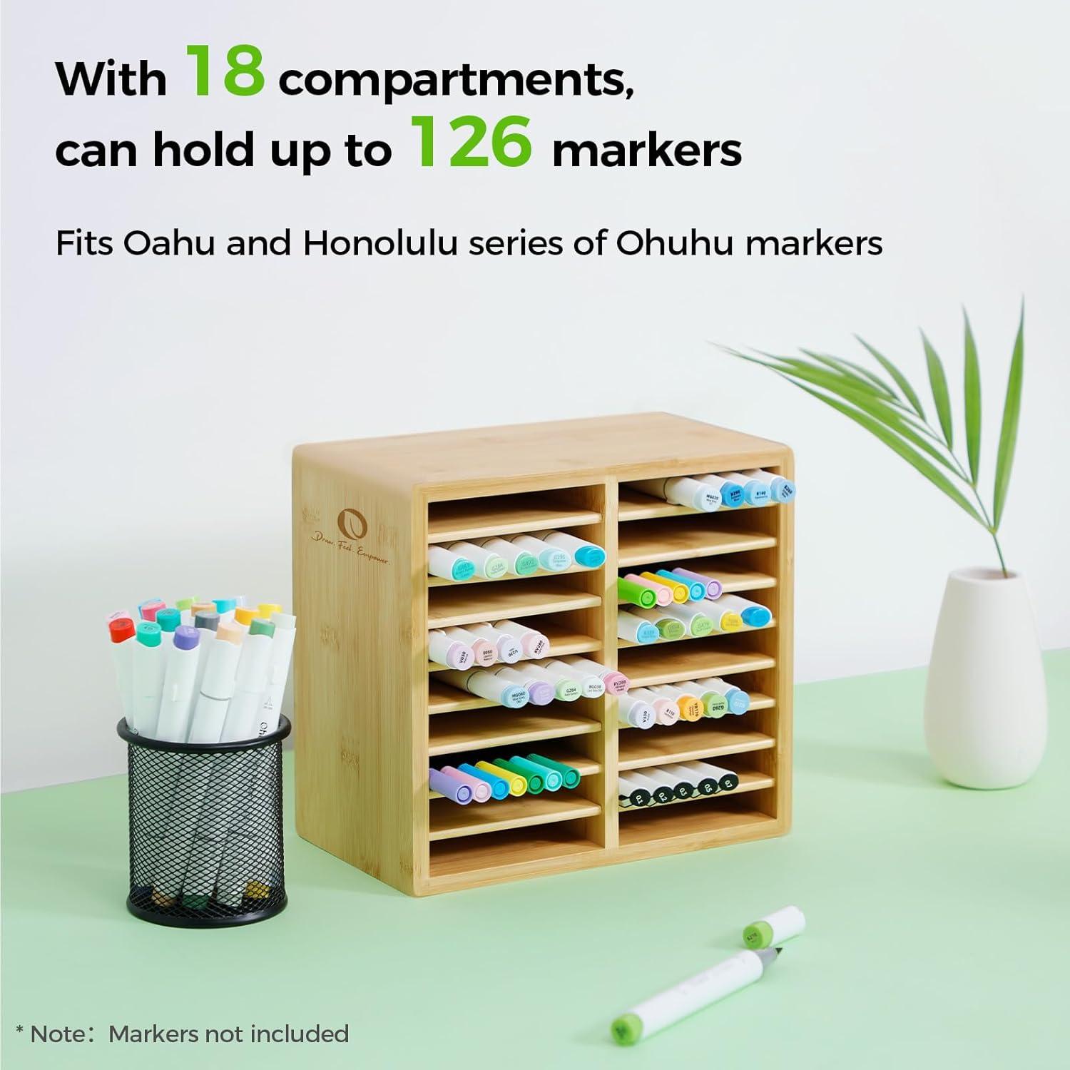 imageOhuhu Bamboo Marker Organizer Wooden Desktop Storage Hold 126 Markers Pens Pencils Art Brushes Stationary Organizer Pencil Holder with 18 Compartments for Home Classroom Office DecorRounded Corner Hold 126 Markers