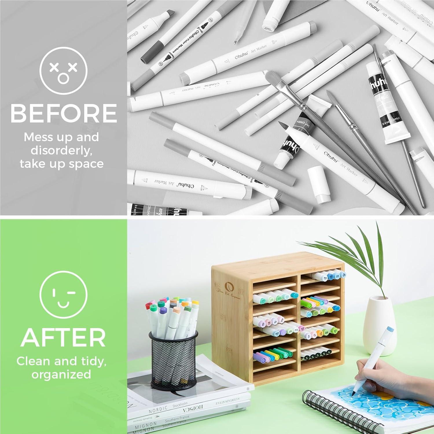 imageOhuhu Bamboo Marker Organizer Wooden Desktop Storage Hold 126 Markers Pens Pencils Art Brushes Stationary Organizer Pencil Holder with 18 Compartments for Home Classroom Office DecorRounded Corner Hold 126 Markers