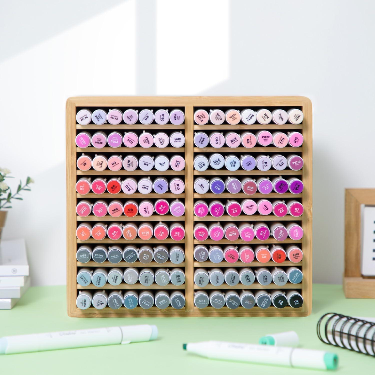 imageOhuhu Bamboo Marker Organizer Wooden Desktop Storage Hold 126 Markers Pens Pencils Art Brushes Stationary Organizer Pencil Holder with 18 Compartments for Home Classroom Office DecorRounded Corner Hold 126 Markers