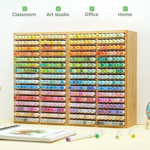 imageOhuhu Bamboo Marker Organizer Wooden Desktop Storage Hold 126 Markers Pens Pencils Art Brushes Stationary Organizer Pencil Holder with 18 Compartments for Home Classroom Office DecorRight Angle Hold 224 Markers