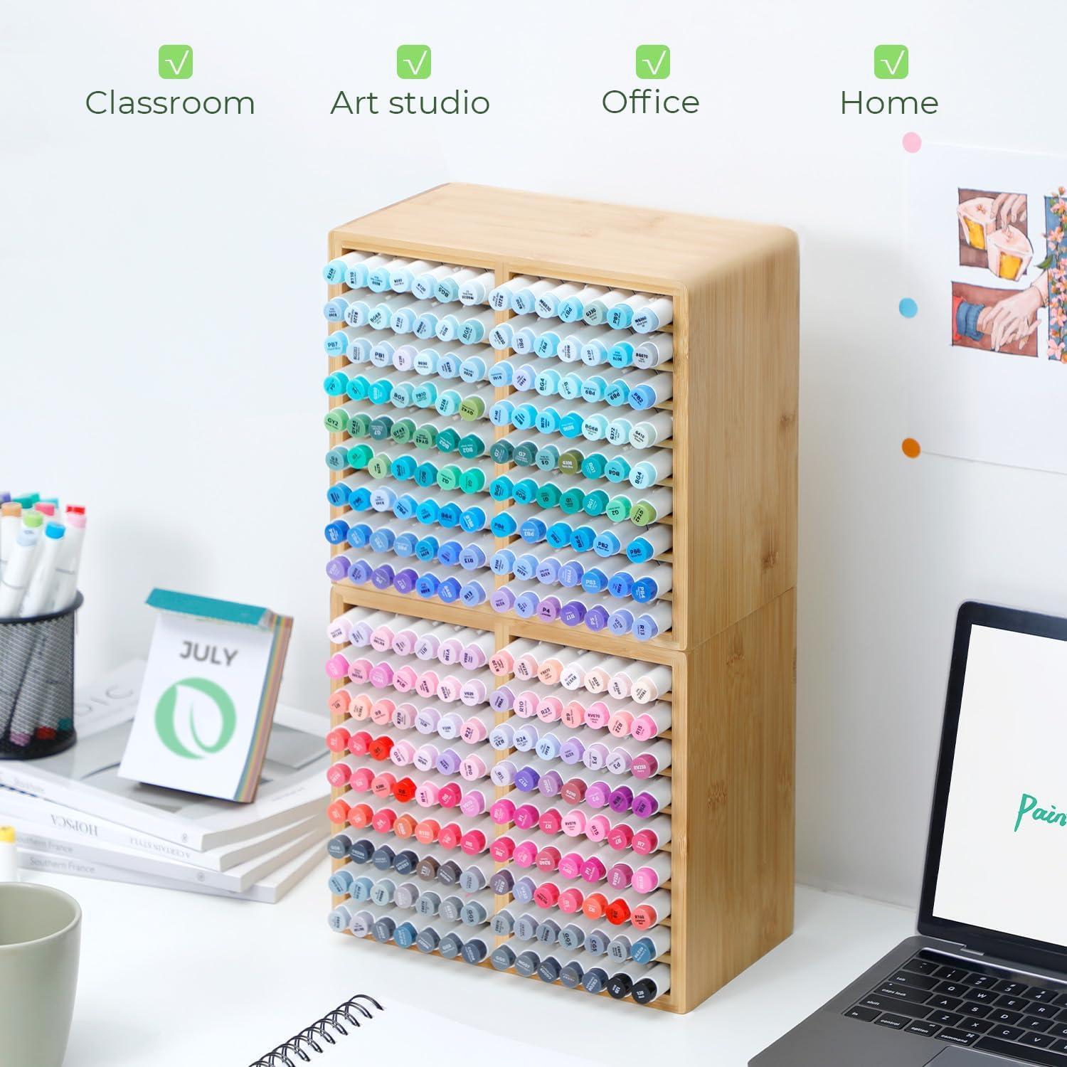 imageOhuhu Bamboo Marker Organizer Wooden Desktop Storage Hold 126 Markers Pens Pencils Art Brushes Stationary Organizer Pencil Holder with 18 Compartments for Home Classroom Office DecorRounded Corner Hold 126 Markers