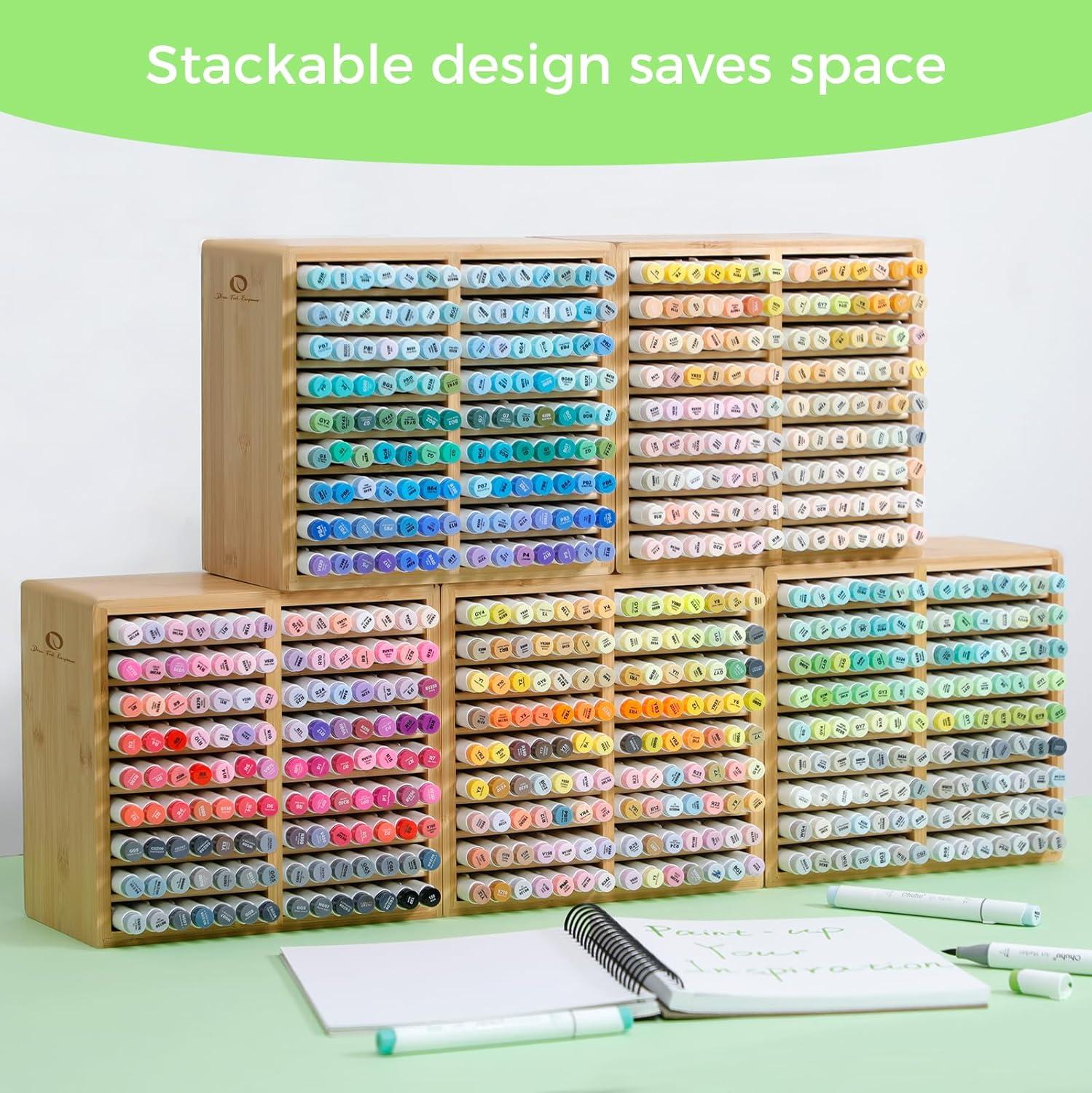 imageOhuhu Bamboo Marker Organizer Wooden Desktop Storage Hold 126 Markers Pens Pencils Art Brushes Stationary Organizer Pencil Holder with 18 Compartments for Home Classroom Office DecorRounded Corner Hold 126 Markers