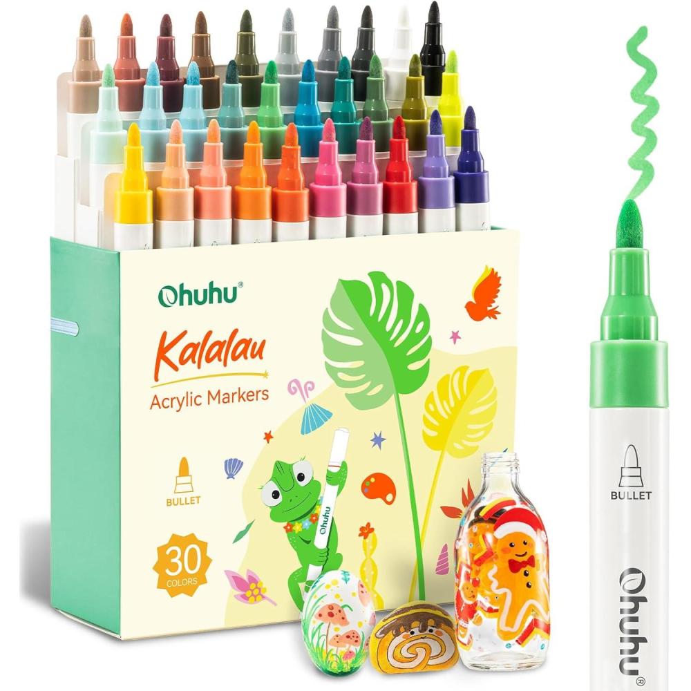 imageOhuhu Acrylic Paint Markers Brush Tip 30 Colors High Opacity Paint Pens Waterproof Acrylic Markers for Rock Painting Easter Eggs Wood Glass Ceramic Canvas  KalalauBullet Tip