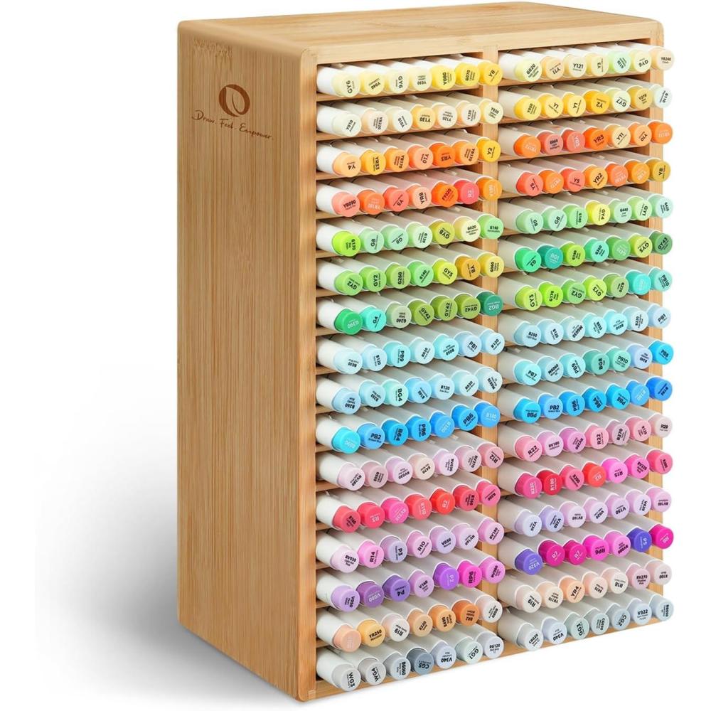 imageOhuhu Bamboo Marker Organizer Wooden Desktop Storage Hold 126 Markers Pens Pencils Art Brushes Stationary Organizer Pencil Holder with 18 Compartments for Home Classroom Office DecorRounded Corner Hold 224 Markers