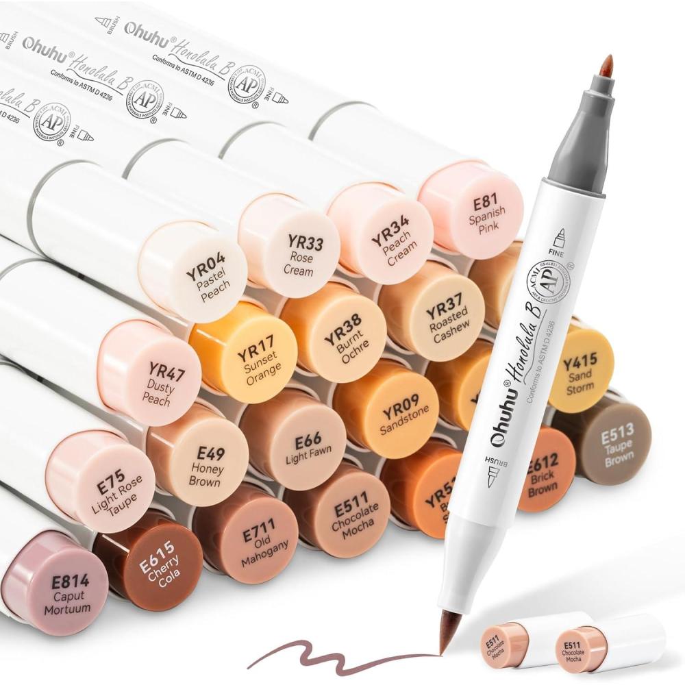 imageOhuhu Skin Tone Alcohol Markers Brush Tip  24 Portrait Skin Color Markers for Artist Adults Coloring Illustration  Chisel and Brush Dual Tips  Honolulu  Refillable  AP CertificatedFine  Brush