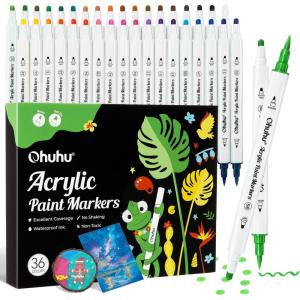 Ohuhu Acrylic Paint Markers Dual Tips: 36 Colors Fine & Dot Paint Pens High Opacity Acrylic Markers Waterproof Lightfast for Christmas Gifts Rock Painting 3D Prints Egg Wood Glass Ceramic DIY Crafts(Brush & Dot)