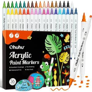 Ohuhu Acrylic Paint Markers Dual Tips: 36 Colors Fine & Dot Paint Pens High Opacity Acrylic Markers Waterproof Lightfast for Christmas Gifts Rock Painting 3D Prints Egg Wood Glass Ceramic DIY Crafts(Fine & Dot)