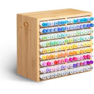 Ohuhu Bamboo Marker Organizer, Wooden Desktop Storage Hold 126 Markers, Pens, Pencils, Art Brushes Stationary Organizer Pencil Holder with 18 Compartments for Home, Classroom, Office Decor(Right Angle Hold 126 Markers)