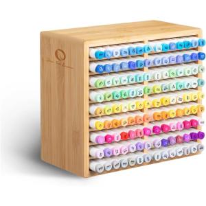 Ohuhu Bamboo Marker Organizer, Wooden Desktop Storage Hold 126 Markers, Pens, Pencils, Art Brushes Stationary Organizer Pencil Holder with 18 Compartments for Home, Classroom, Office Decor(Rounded Corner Hold 126 Markers)
