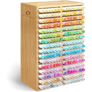 Ohuhu Bamboo Marker Organizer, Wooden Desktop Storage Hold 126 Markers, Pens, Pencils, Art Brushes Stationary Organizer Pencil Holder with 18 Compartments for Home, Classroom, Office Decor(Right Angle Hold 224 Markers)