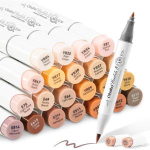 Ohuhu Skin Tone Alcohol Markers Brush Tip – 24 Portrait Skin Color Markers for Artist Adults Coloring Illustration – Chisel and Brush Dual Tips – Honolulu – Refillable – AP Certificated(Fine & Brush)