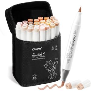 Ohuhu Skin Tone Alcohol Markers Brush Tip – 24 Portrait Skin Color Markers for Artist Adults Coloring Illustration – Chisel and Brush Dual Tips – Honolulu – Refillable – AP Certificated(Brush& Soft Chisel)
