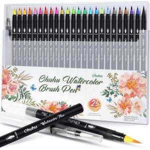 Professional Watercolor Brush Markers Pen 48 Colors of Ohuhu, Water Based Drawing Marker Brushes W/A Blending Aqua Pen, Water Soluble for Adult Coloring Books Comic Calligraphy(25)