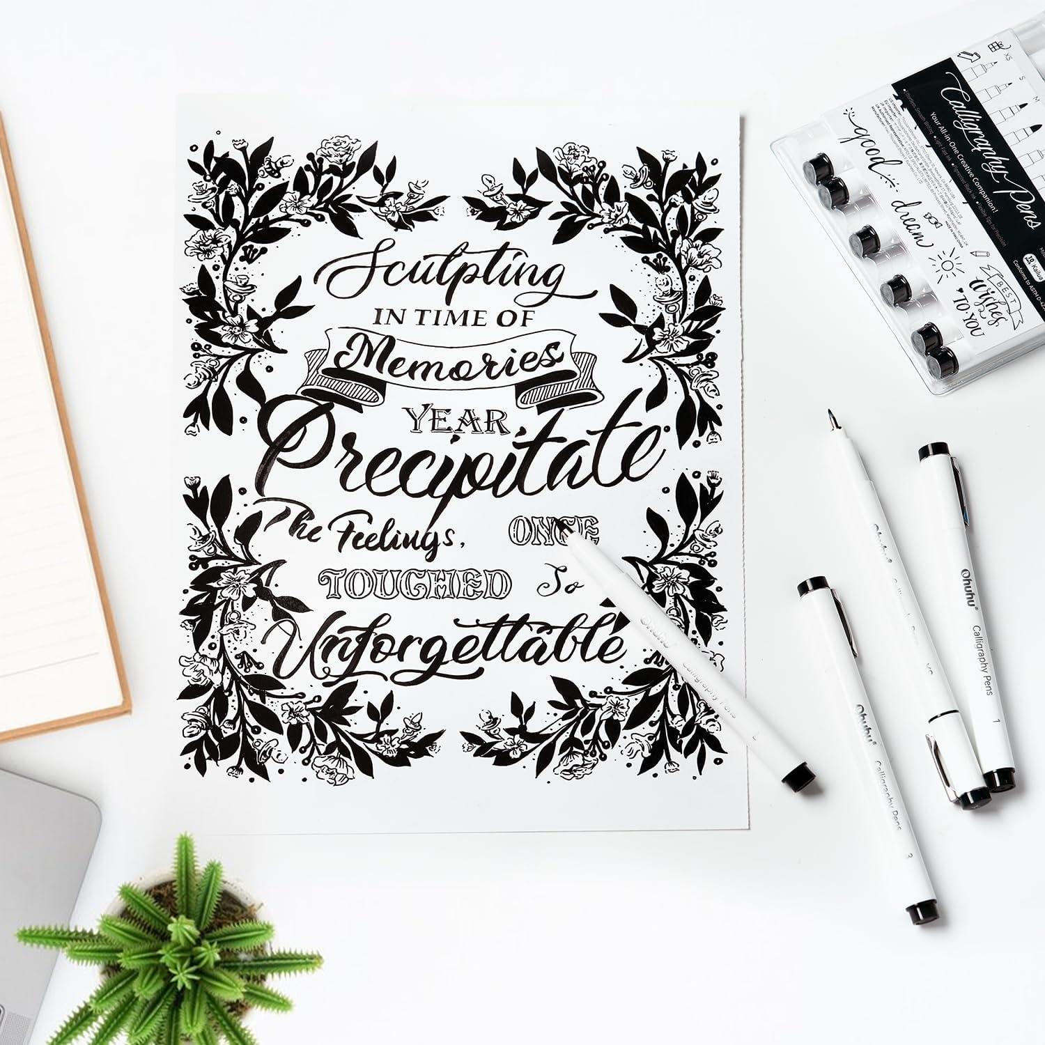 imageOhuhu Calligraphy Pens Brush Chisel Fine 10 Size Tips Pigment Black Ink Hand Lettering Pens Calligraphy Brush Markers for Beginner Handwriting Cardmaking Sketching Drawing Illustration Bullet Journal