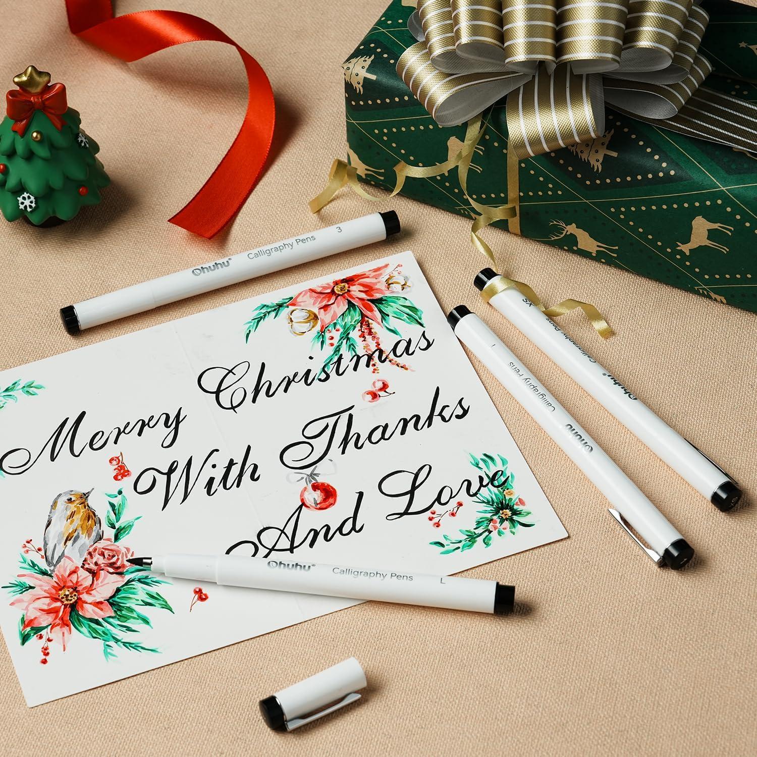 imageOhuhu Calligraphy Pens Brush Chisel Fine 10 Size Tips Pigment Black Ink Hand Lettering Pens Calligraphy Brush Markers for Beginner Handwriting Cardmaking Sketching Drawing Illustration Bullet Journal