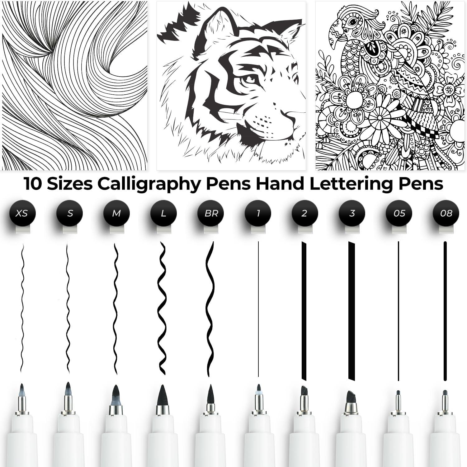 imageOhuhu Calligraphy Pens Brush Chisel Fine 10 Size Tips Pigment Black Ink Hand Lettering Pens Calligraphy Brush Markers for Beginner Handwriting Cardmaking Sketching Drawing Illustration Bullet Journal
