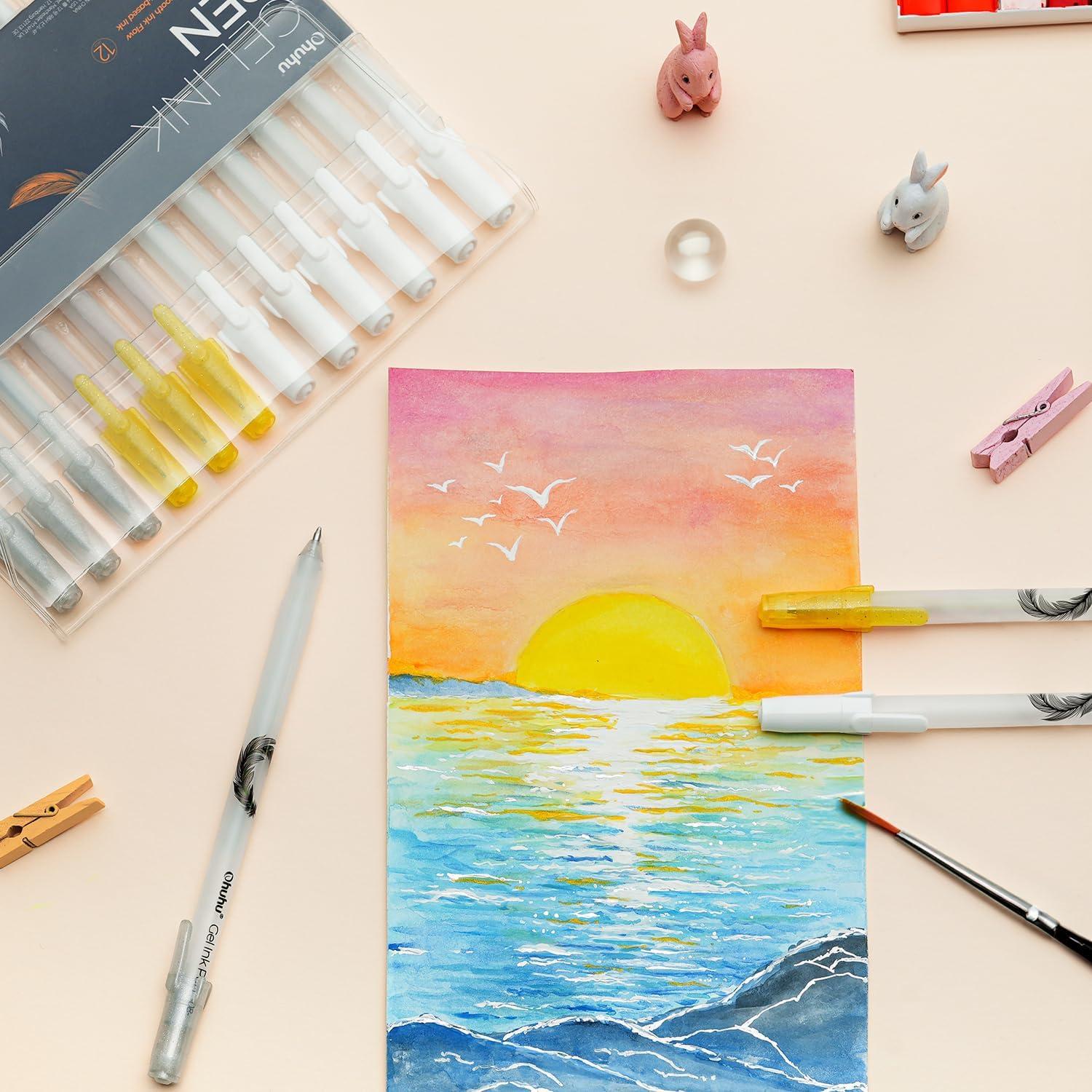 imageOhuhu Gold Silver White Gel Pens 12 Pack Extra Fine Point Pens Opaque Gel Ink Pens Smooth White Ink Pens for Highlight Black Paper Art Drawing Sketching Scrapbook Illustration Bullet Journal Leahi