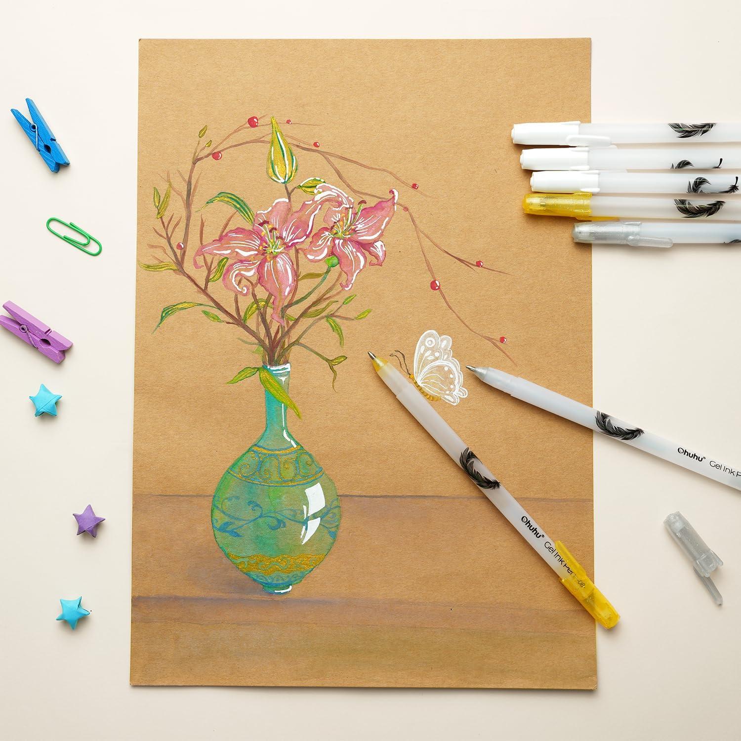 imageOhuhu Gold Silver White Gel Pens 12 Pack Extra Fine Point Pens Opaque Gel Ink Pens Smooth White Ink Pens for Highlight Black Paper Art Drawing Sketching Scrapbook Illustration Bullet Journal Leahi