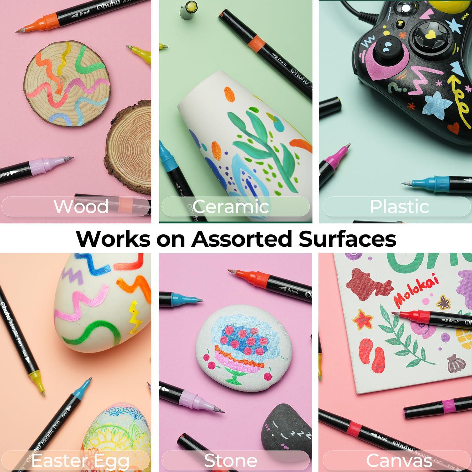 imageOhuhu Markers Metallic Pens 24 Colors Waterbased for Adults Mandala Coloring Book Glitter Shimmer Markers for Black White Paper Glass Rock Birthday Card Making Halloween Pumpkin Ceramics DIY