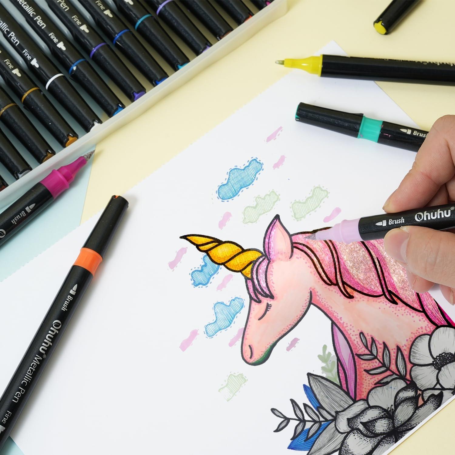 imageOhuhu Markers Metallic Pens 24 Colors Waterbased for Adults Mandala Coloring Book Glitter Shimmer Markers for Black White Paper Glass Rock Birthday Card Making Halloween Pumpkin Ceramics DIY