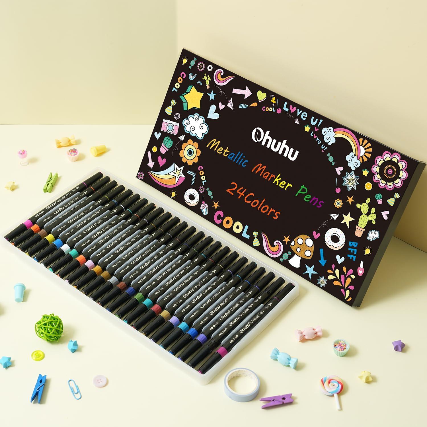 imageOhuhu Markers Metallic Pens 24 Colors Waterbased for Adults Mandala Coloring Book Glitter Shimmer Markers for Black White Paper Glass Rock Birthday Card Making Halloween Pumpkin Ceramics DIY