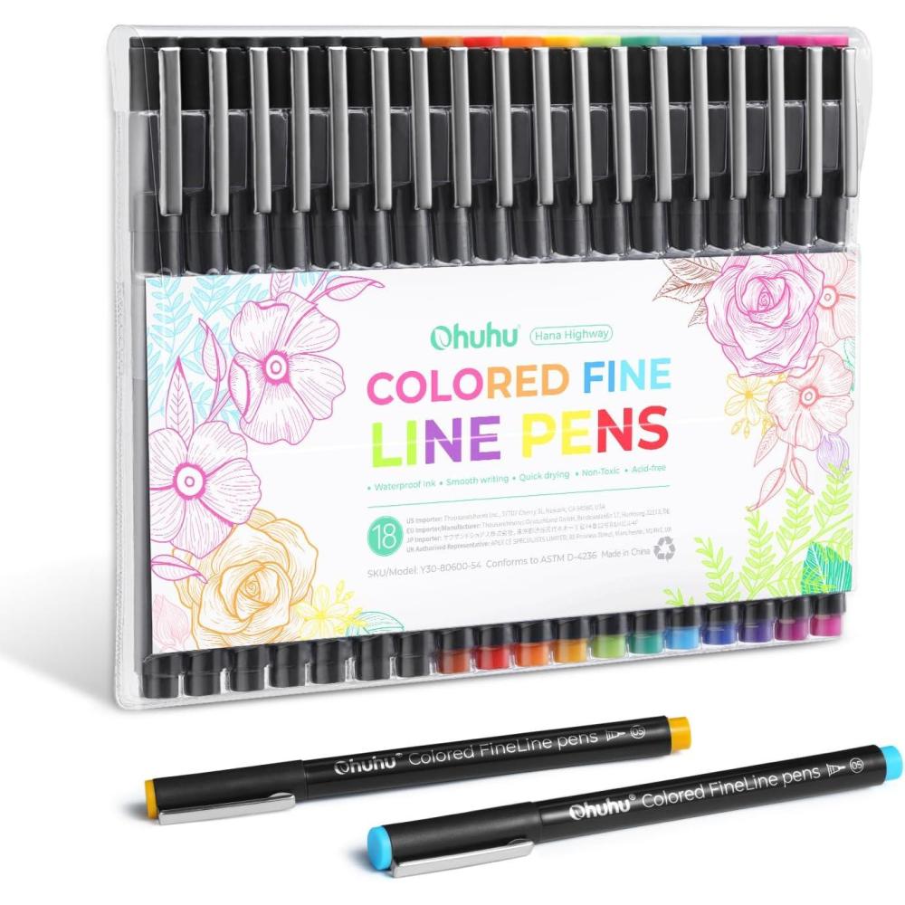 imageOhuhu Colored Fineliner Drawing Pens 18 Packs Fineliners 11 Colored Pens amp 7 Assorted Point Sizes Black Micro Pen Waterproof for Drawing Sketching Anime Manga Artists Beginners  Hana Highway7 Black  11 Colours