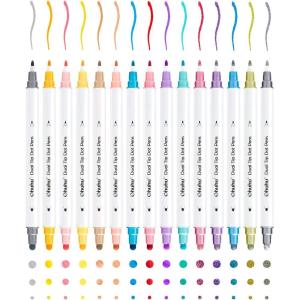 Ohuhu Dual Tip Dot Markers: 15 Colors Dot Marker Pens (Fine & Dot) for Kids Adults Water-Based Ink Metallic & Regular Colors Dot Pens for Journaling Scrapbooking DIY Highlighting Drawing Markers