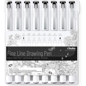 Ohuhu Fineliner Pens Micro Drawing Pens: 8-size Tips (Ultra-fine, Fine & Brush) Waterproof Pigment Black Ink for Illustration Drawing Journaling Sketching for Artist Beginners