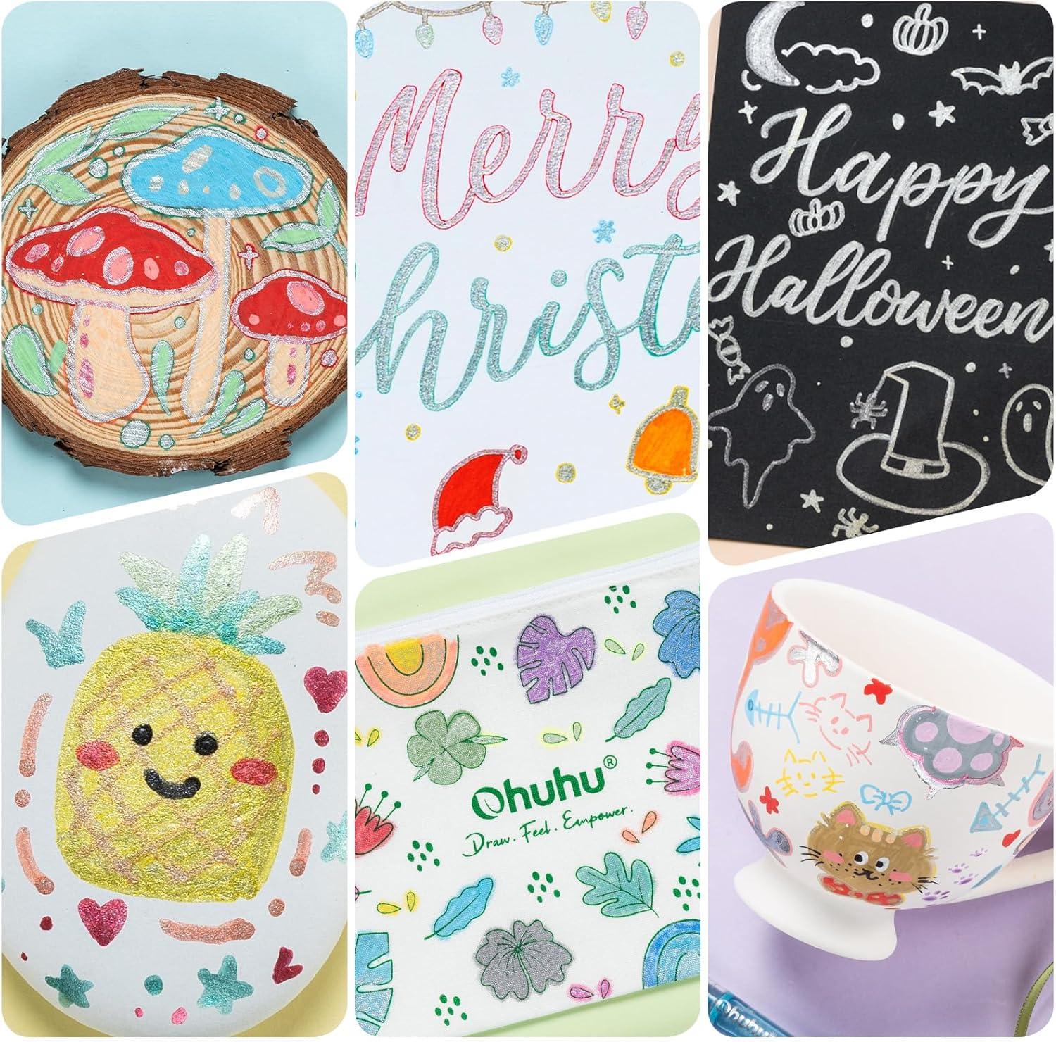 imageOhuhu 18 Outline Markers Shimmer Glitter Metallic Double Line Drawing Pens for Adults Beginners Fun Crafts Art Supplies Gifts for Greeting Cards Glass Rock Plastic