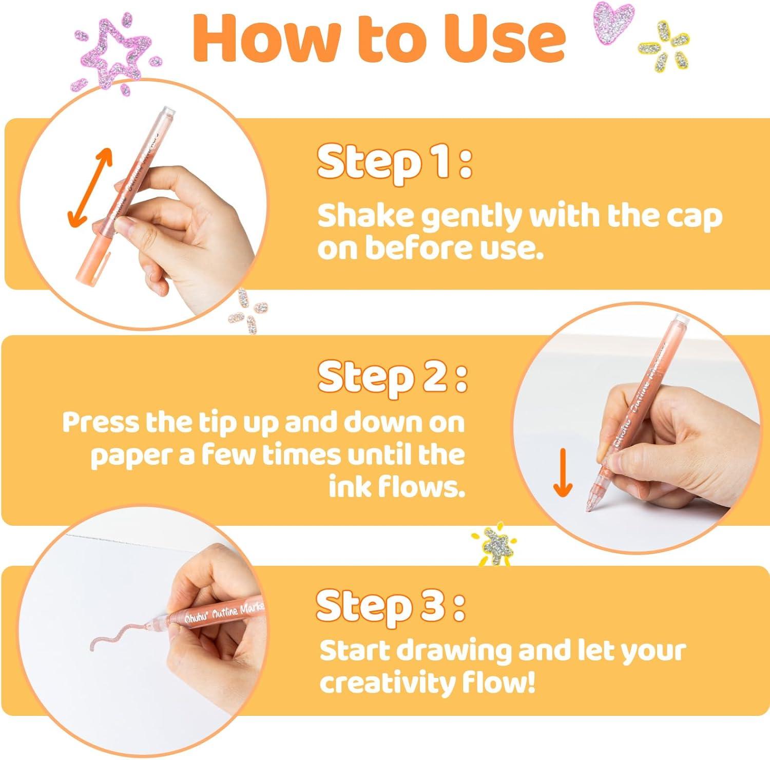 imageOhuhu 18 Outline Markers Shimmer Glitter Metallic Double Line Drawing Pens for Adults Beginners Fun Crafts Art Supplies Gifts for Greeting Cards Glass Rock Plastic