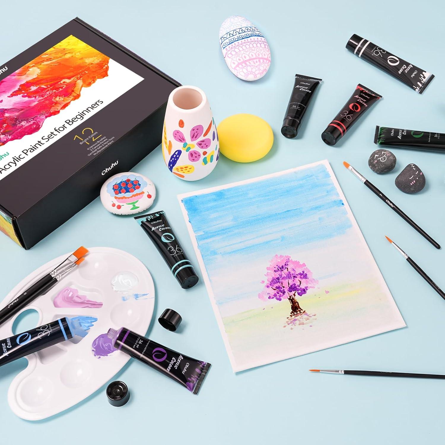 imageOhuhu Acrylic Paint Kits with Tutorial for Beginners 36ml 12 Vibrant Colors with 6 Brushes 3 Paint Canvases Sponge for Kids Painting Art Supplies for Ceramic Wood Fabric Model Rock Metal