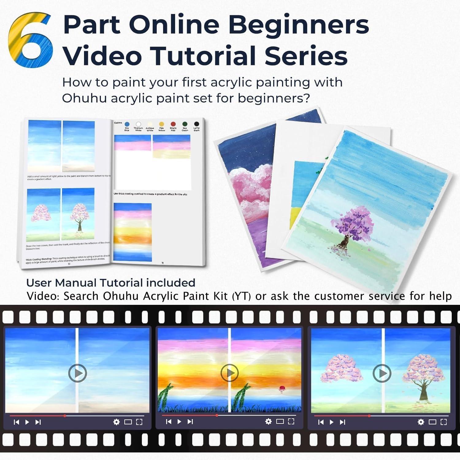 imageOhuhu Acrylic Paint Kits with Tutorial for Beginners 36ml 12 Vibrant Colors with 6 Brushes 3 Paint Canvases Sponge for Kids Painting Art Supplies for Ceramic Wood Fabric Model Rock Metal