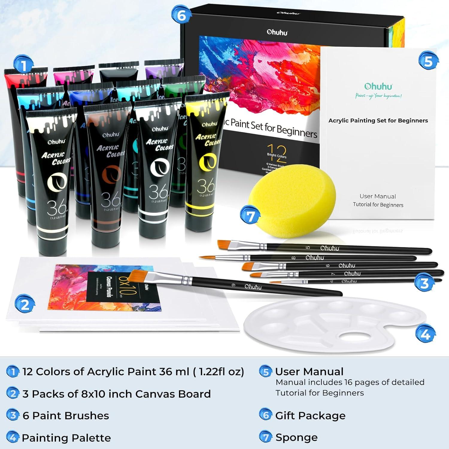imageOhuhu Acrylic Paint Kits with Tutorial for Beginners 36ml 12 Vibrant Colors with 6 Brushes 3 Paint Canvases Sponge for Kids Painting Art Supplies for Ceramic Wood Fabric Model Rock Metal