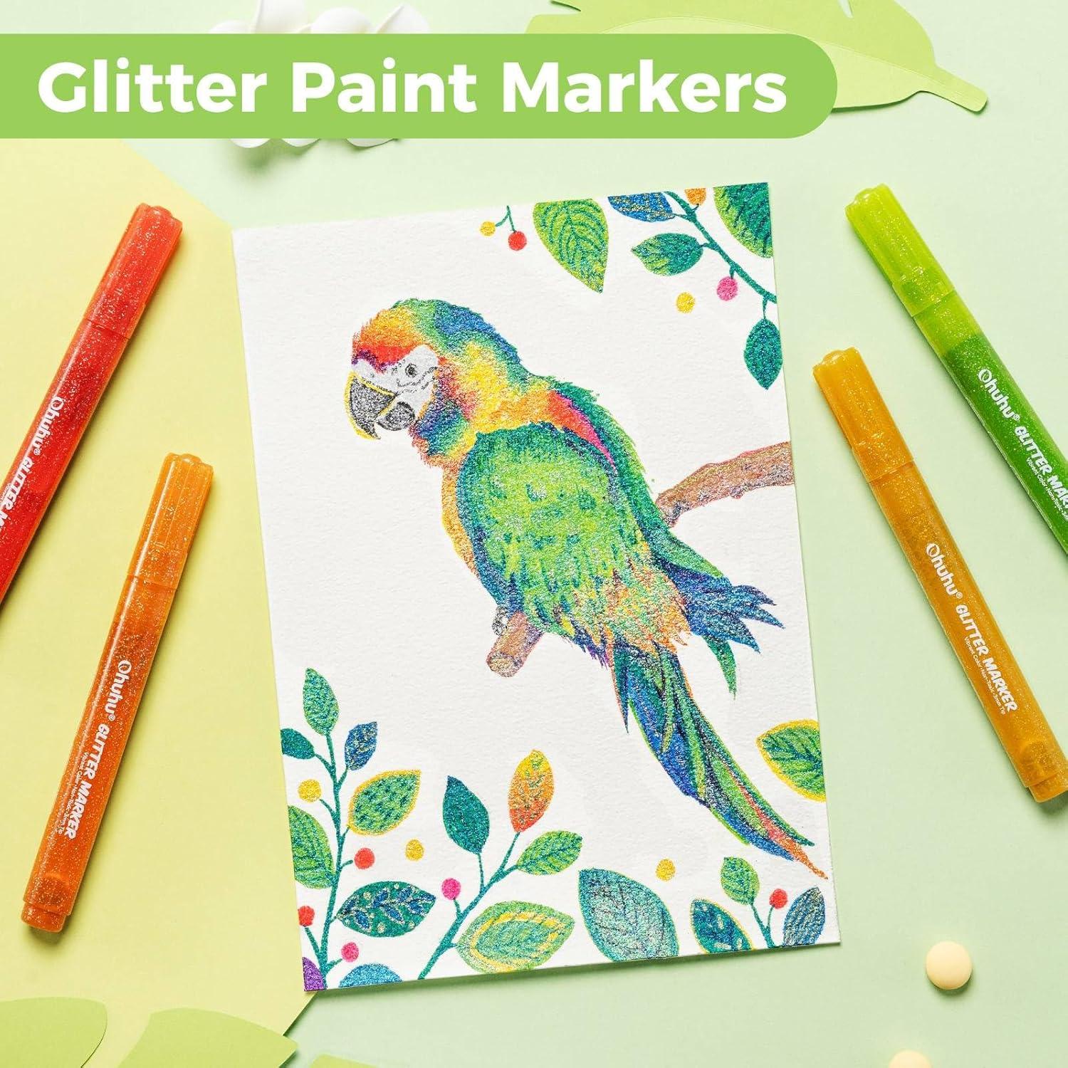 imageOhuhu Glitter Markers Pen 12 Glitter Colors Metallic Shimmer Marker Fine Tip Waterbased Ink for Adults DIY Crafts Greeting Birthday Cards Making Mugs Wood Medium Tip 30mm