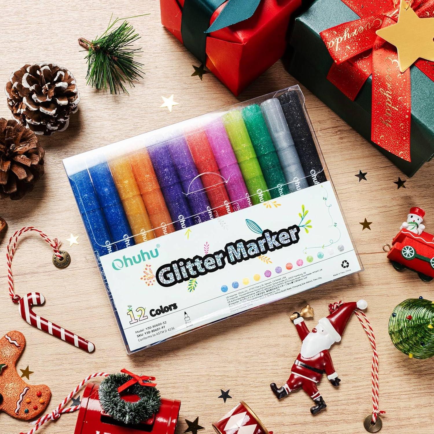 imageOhuhu Glitter Markers Pen 12 Glitter Colors Metallic Shimmer Marker Fine Tip Waterbased Ink for Adults DIY Crafts Greeting Birthday Cards Making Mugs Wood Medium Tip 30mm