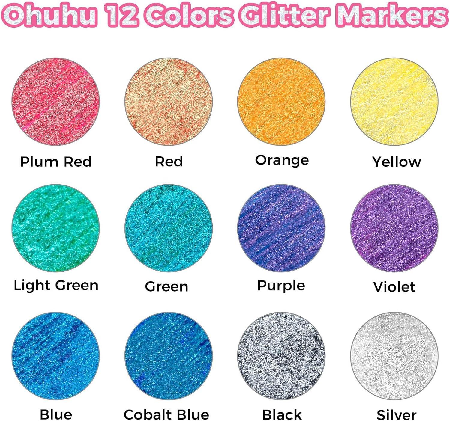 imageOhuhu Glitter Markers Pen 12 Glitter Colors Metallic Shimmer Marker Fine Tip Waterbased Ink for Adults DIY Crafts Greeting Birthday Cards Making Mugs Wood Medium Tip 30mm